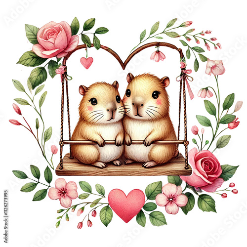 Cute illustration of two capybara on a swing surrounded by flowers. Animal cartoon character.