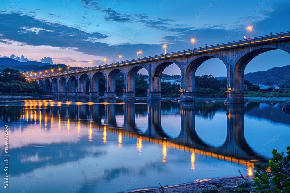 custom made wallpaper toronto digitalAn artistic view of a bridge reflecting in the water below at dusk, with soft lights illuminating its structure and surrounding natural beauty 