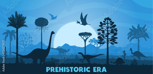 Prehistoric era sunset landscape with dinosaurs silhouettes. Jurassic dino animals and birds vector silhouettes of brachiosaurus, eoraptor, corythosaurus and tapejara dinosaurs, jurassic trees and sun