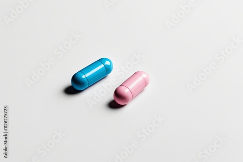 Pink and blue capsules rest on a white surface