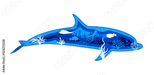 Dolphin silhouette with underwater landscape and sea fishes, vector paper cut. Undersea animals and ocean coral reef fishes, stingray with squid, fugu and clownfish in paper cut silhouette of dolphin