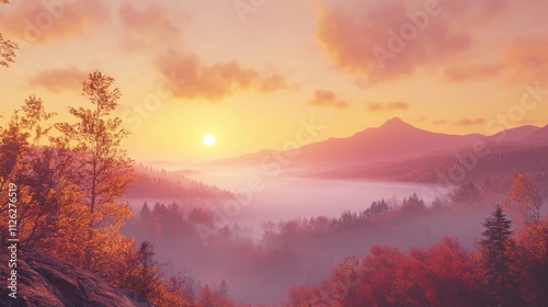 serene sunset over misty mountains and autumn foliage