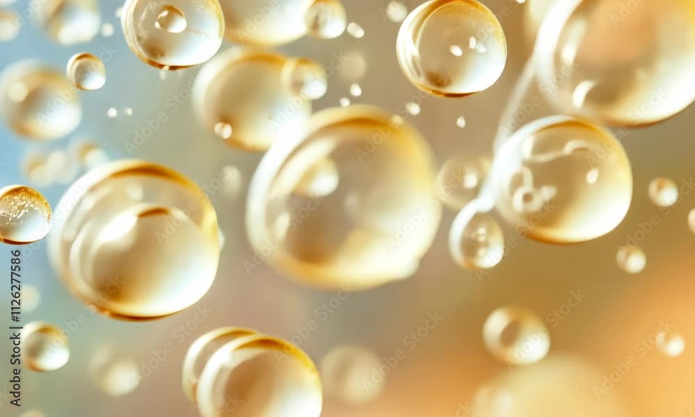 Bubbly liquid with shimmering, golden bubbles floating against soft background
