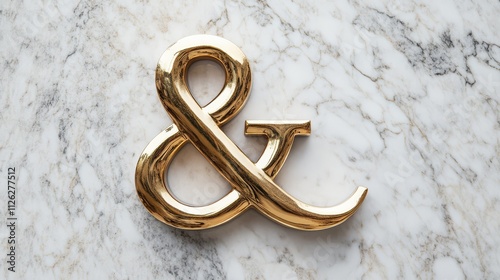 Golden ampersand symbol on marble surface 