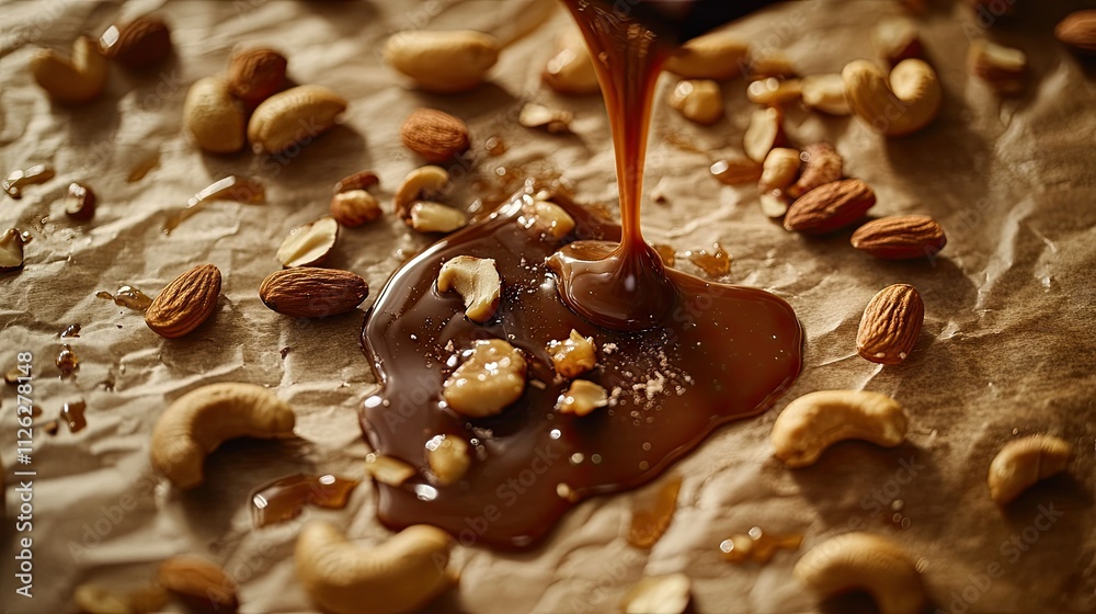 Rich caramel drizzling from a broken chocolate bar, surrounded by cashews and almonds on parchment paper Rich caramel drizzling from a broken chocolate bar, surrounded by cashews and almonds on parchment paper