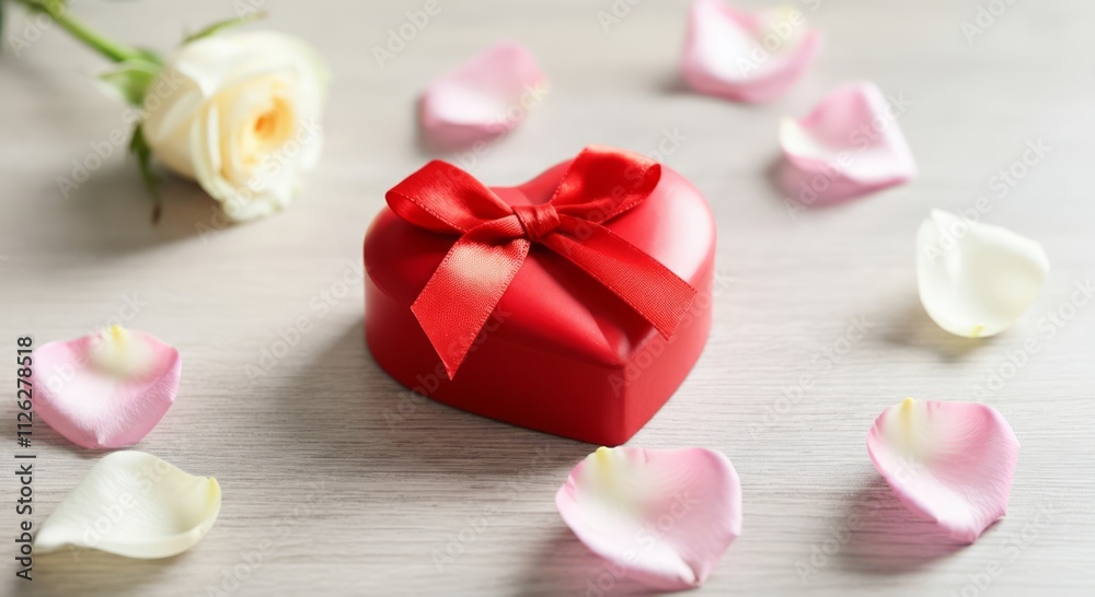 Red heart-shaped gift box with ribbon and rose petals on wooden surface. Valentine`s Day celebration Red heart-shaped gift box with ribbon and rose petals on wooden surface. Valentine`s Day celebration