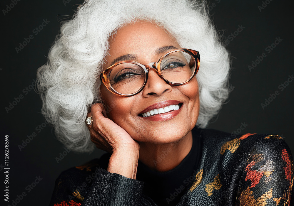 Warm portrait of a smiling senior woman with curly white hair, conveying joy, serenity, and timeless beauty. Warm portrait of a smiling senior woman with curly white hair, conveying joy, serenity, and timeless beauty.