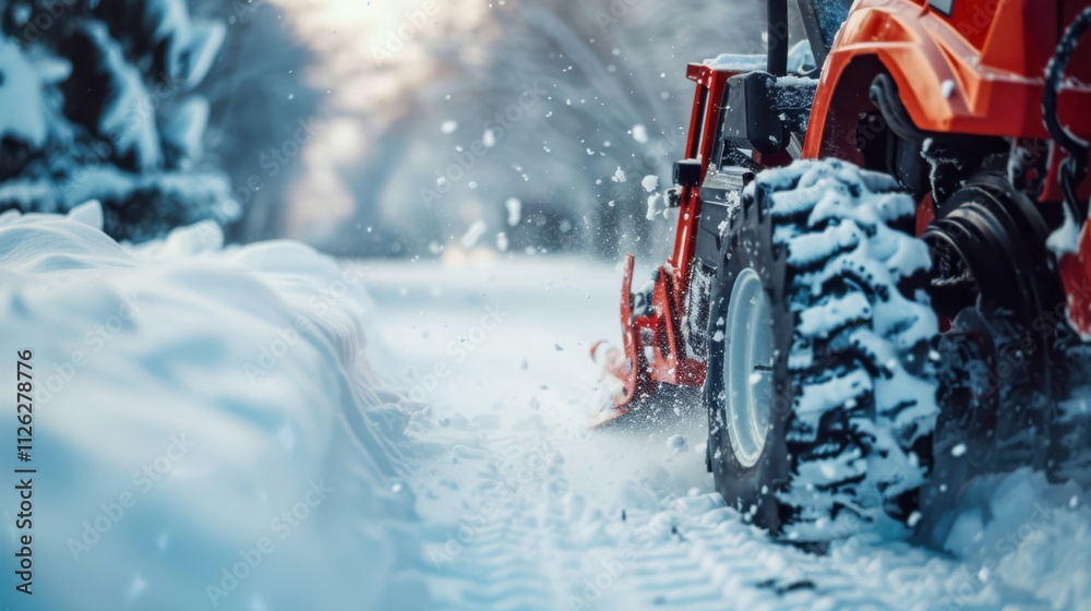 Close-up of a Snowblower with blurred snowy driveway background, copy space, cinematic Close-up of a Snowblower with blurred snowy driveway background, copy space, cinematic
