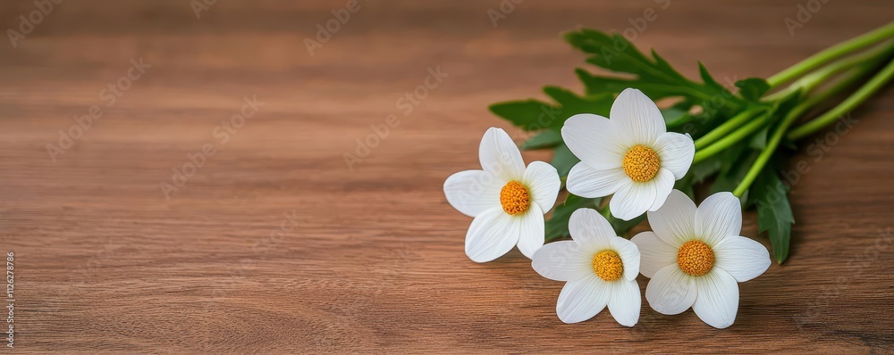 Obraz premium Close up of a sympathy card and white flowers on a wooden table, symbolizing messages of love, memory, and final goodbyes, 3D render