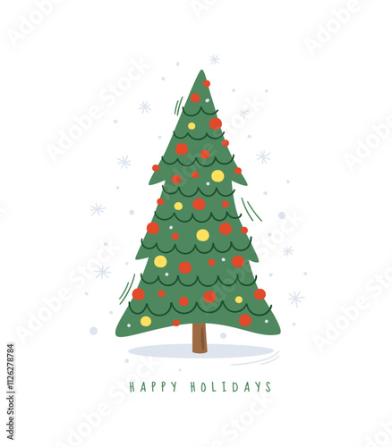Decorated Christmas tree with balls on a light background. Postcard for New Year`s celebration. Design for a poster or banner. Magical Christmas holidays. Vector seasonal illustration.
