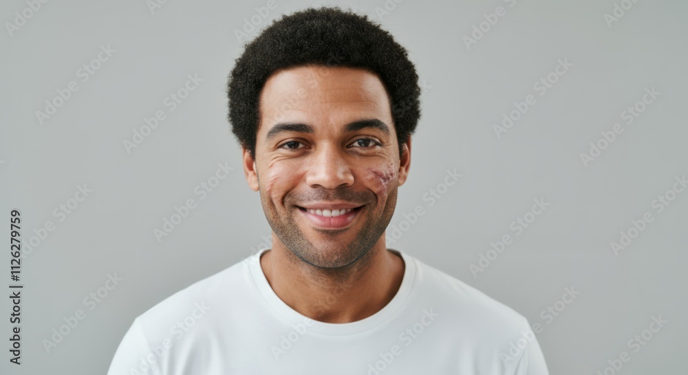 Smiling young Black man with distinctive facial birthmark against soft background Smiling young Black man with distinctive facial birthmark against soft background