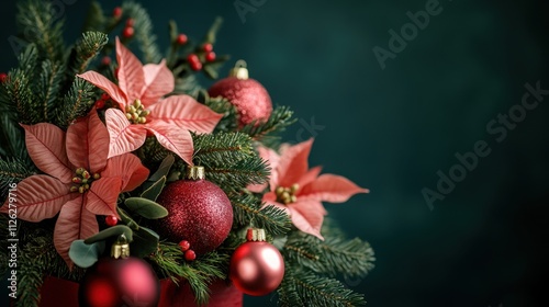 New Year, Christmas banner with bouquet of pine branches, flowers, ornaments, and a red flower box  on a dark green background, copy space photo