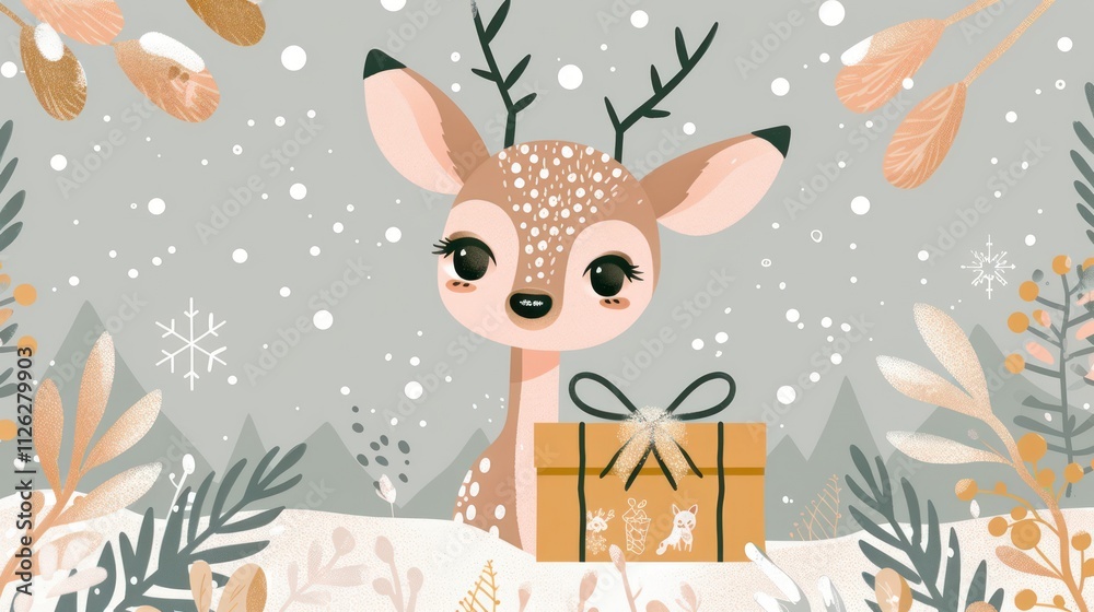 Illustration of a Cute Deer with Antlers and Winter Elements and a Gift Box, Perfect for Christmas Holiday Themes and Festive Designs Illustration of a Cute Deer with Antlers and Winter Elements and a Gift Box, Perfect for Christmas Holiday Themes and Festive Designs