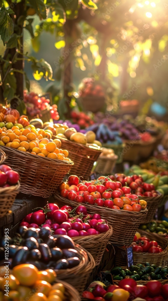 Close-up of a vibrant rainbow of organic produce displayed in woven baskets, with sunlight filtering through leaves, creating a warm, inviting atmosphere Close-up of a vibrant rainbow of organic produce displayed in woven baskets, with sunlight filtering through leaves, creating a warm, inviting atmosphere
