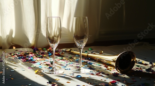 After New Year party empty champagne glasses with scattered confetti and a crumpled party horn, mess in the morning