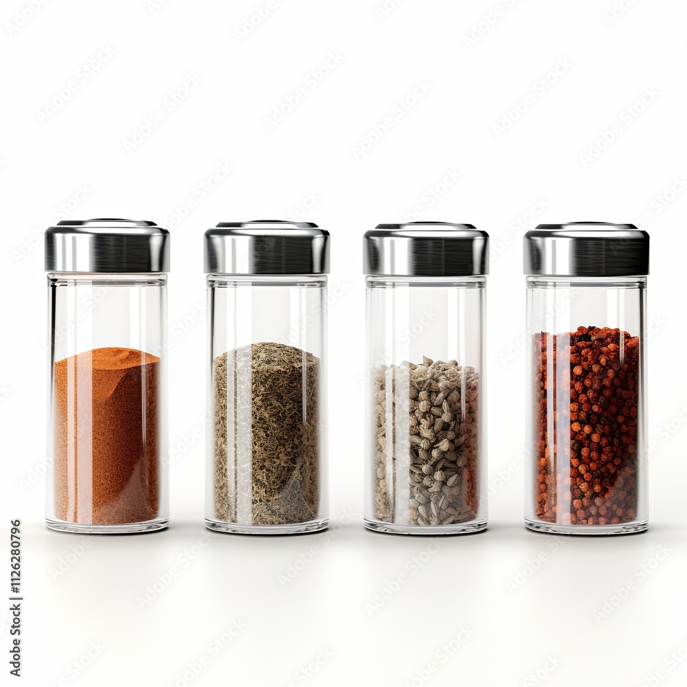 Four glass jars with spices and seasonings, including ground powders, seeds, and dried herbs. Minimalist studio photograph on a white background. Kitchen organization and cooking essentials concept Four glass jars with spices and seasonings, including ground powders, seeds, and dried herbs. Minimalist studio photograph on a white background. Kitchen organization and cooking essentials concept