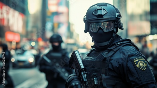 special force person tactical gear holding gun standing in an urban city environment concept of law enforcement in city