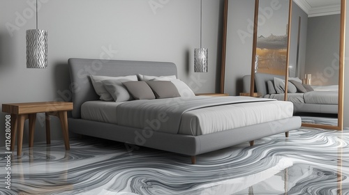 A stylish 3D rendering of a bedroom with a grey king-size bed, marble flooring with silver waves, wooden side tables, an eye-catching modern lamp, and a full-length mirror 