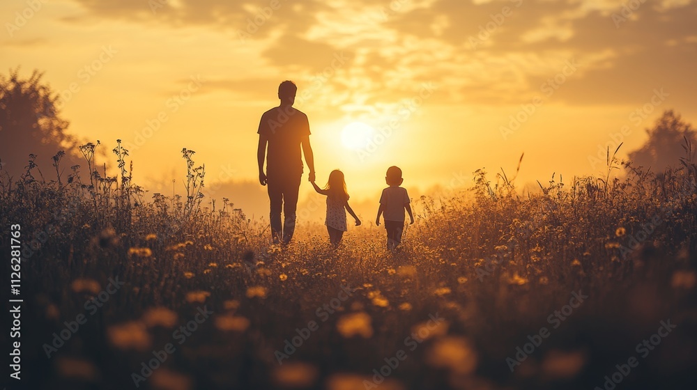Family Moments in Nature During Sunset with Parent and Children Family Moments in Nature During Sunset with Parent and Children