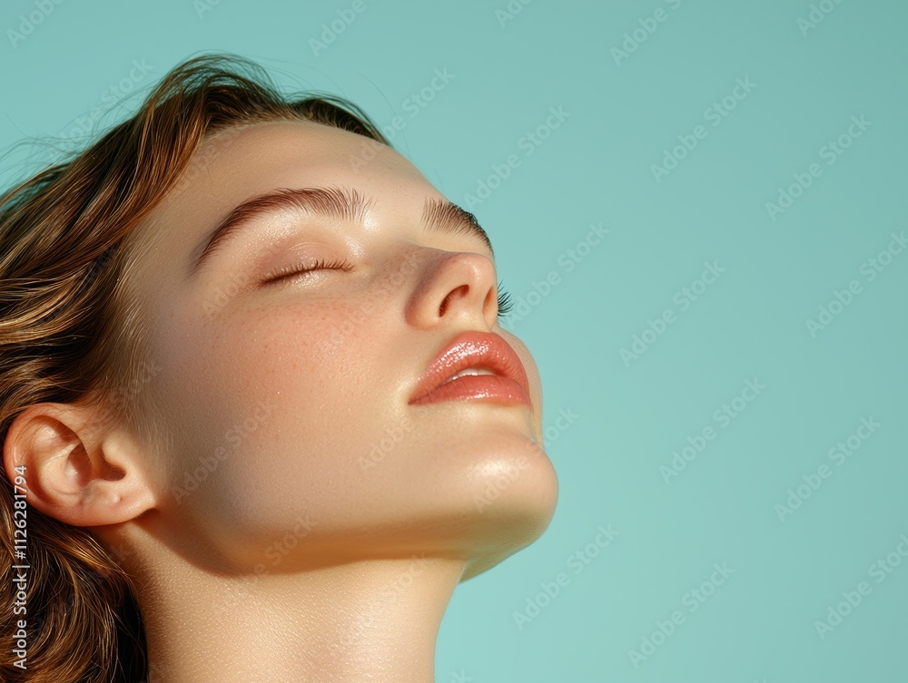 A serene portrait of a woman with closed eyes, basking in natural light against a soft turquoise background, exuding tranquility and beauty. A serene portrait of a woman with closed eyes, basking in natural light against a soft turquoise background, exuding tranquility and beauty.