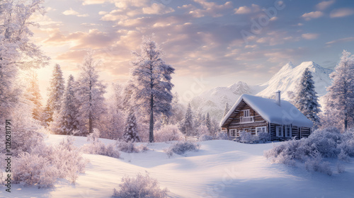 A delightful pastel winter wonderland with snow-covered trees and a snug cabin radiating warmth and joy.
