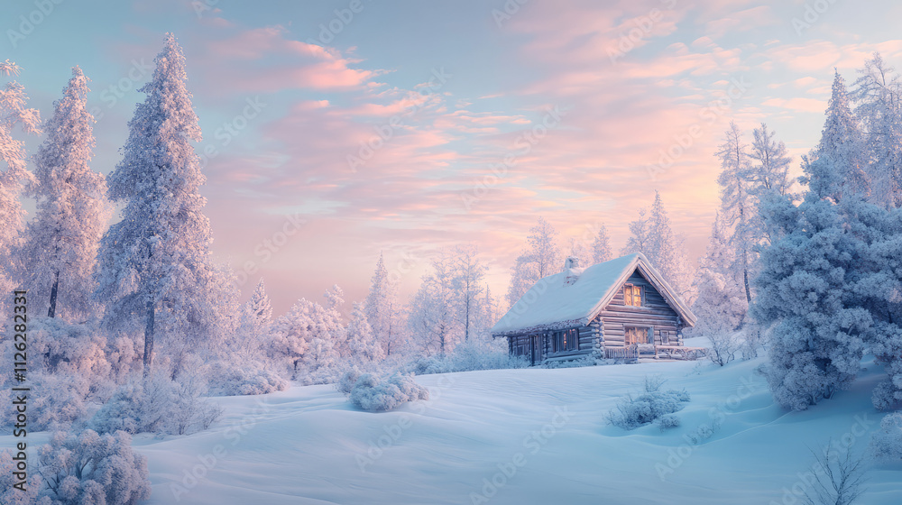 Naklejka premium A tranquil snowy retreat in pastel shades, featuring a cozy cabin and glistening trees under a soft sky.