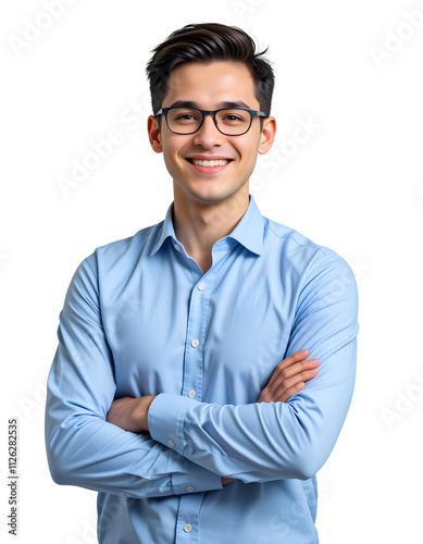 A young business man with smiling face and wearing glasses standing confidently with arms crossed isolated on a transparent background