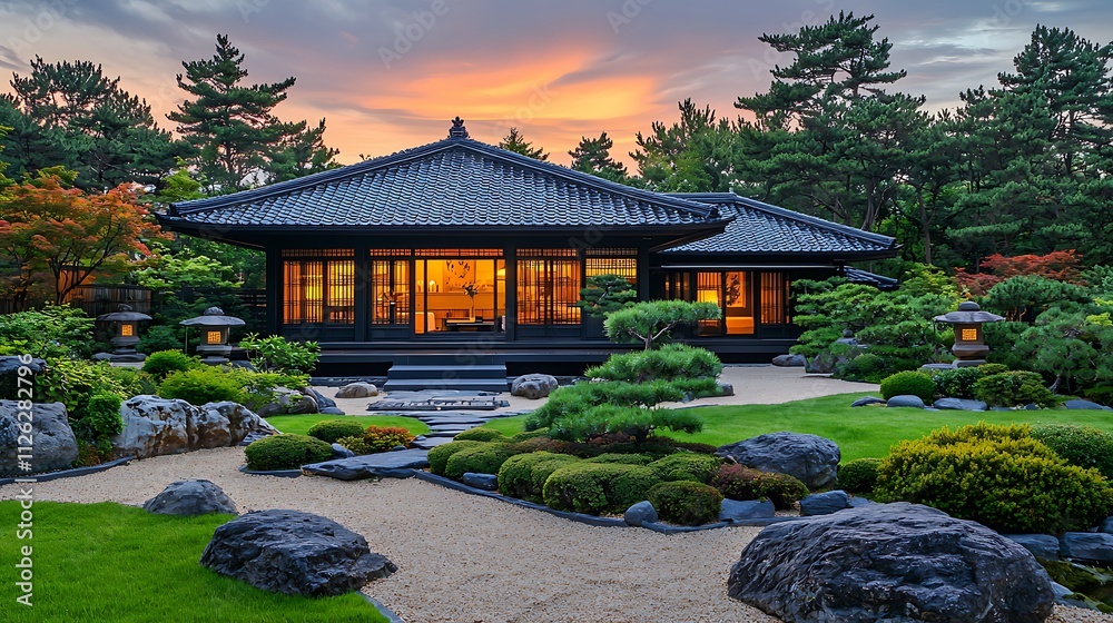Obraz premium Serene Japanese-Style House and Garden at Sunset.