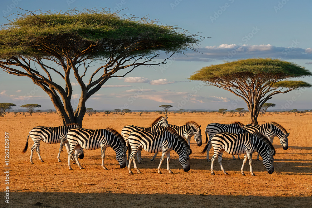 Obraz premium Group of the zebras are in a sunny day on the savannah. AI Generated