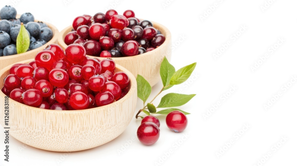 Red currants, black currants, and blueberries in natural wooden bowls with fresh green leaves, highlighting vibrant berries and their freshness. Red currants, black currants, and blueberries in natural wooden bowls with fresh green leaves, highlighting vibrant berries and their freshness.