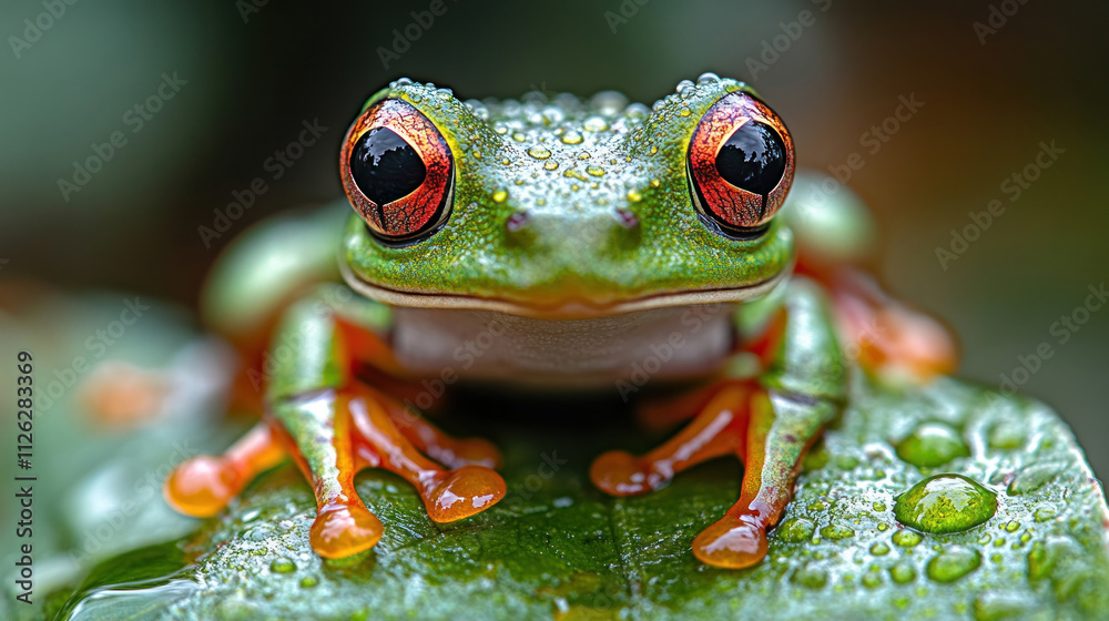 Fototapeta premium A tiny frog sitting on a leaf with raindrops glistening around it