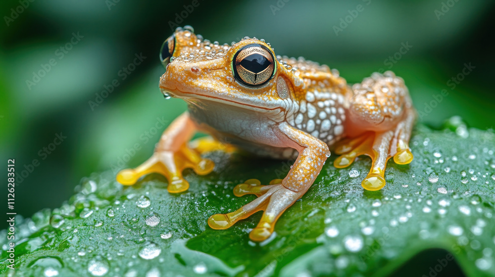 Obraz premium A tiny frog sitting on a leaf with raindrops glistening around it