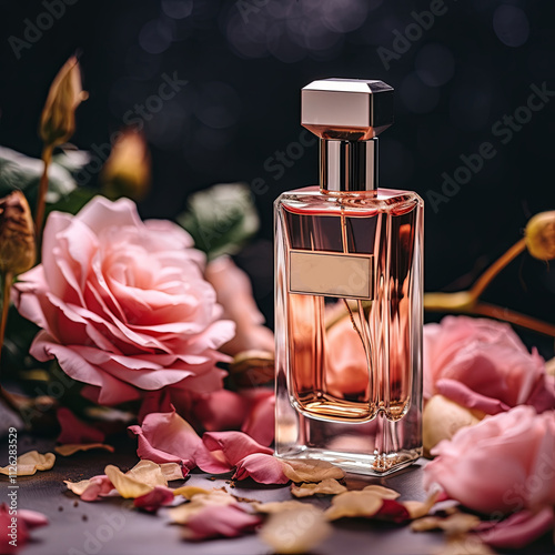 A bottle of perfume with the scent of musk on the dark background,