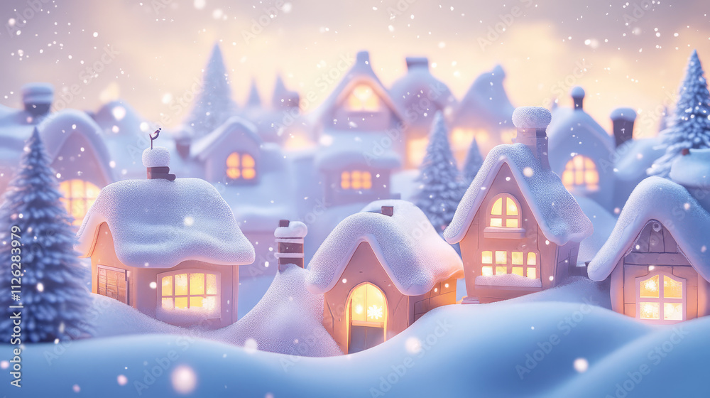 Fototapeta premium A snowy village with houses with white roofs and windows lit up