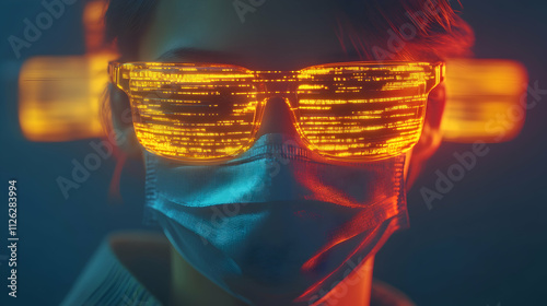 A person wearing futuristic sunglasses with glowing orange patterns and a face mask, set against a vibrant background, emphasizing themes of technology and identity. photo