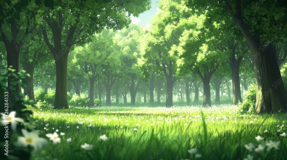 Serene Forest Landscape with Tall Trees, Green Leaves, Wildflowers, and Warm Sunlight Creating Peaceful Atmosphere