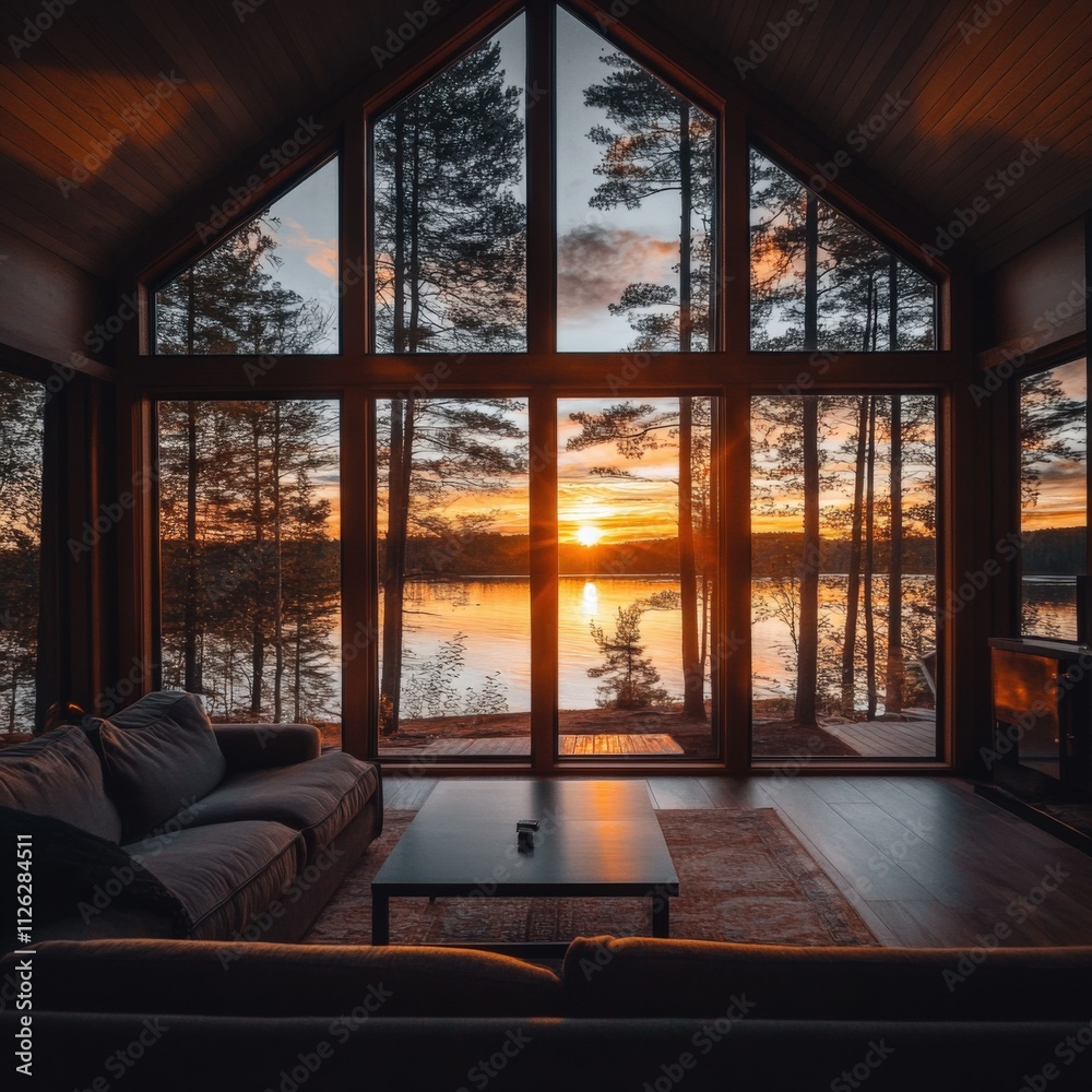 Fototapeta premium cozy cabin interior with sunset view over the lake