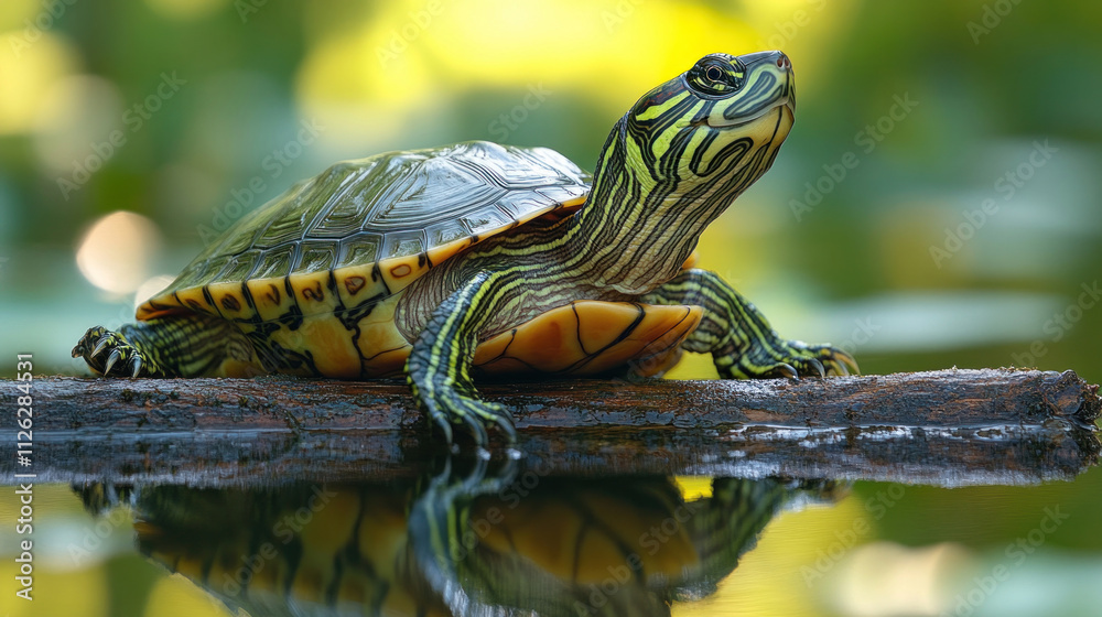 A turtle resting on a sunlit log in a calm, green pond A turtle resting on a sunlit log in a calm, green pond
