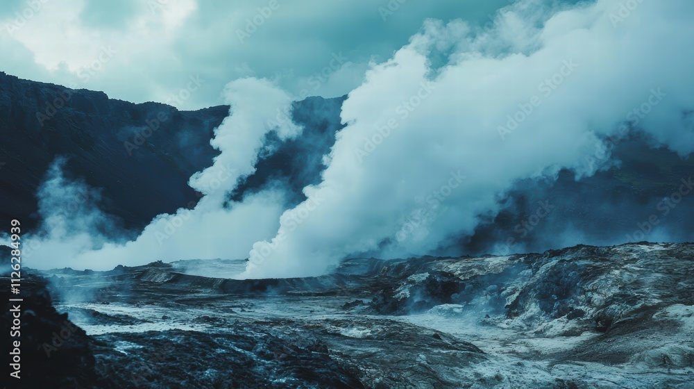 Obraz premium Powerful Steam Erupting from Geothermal Springs in Remote Landscape