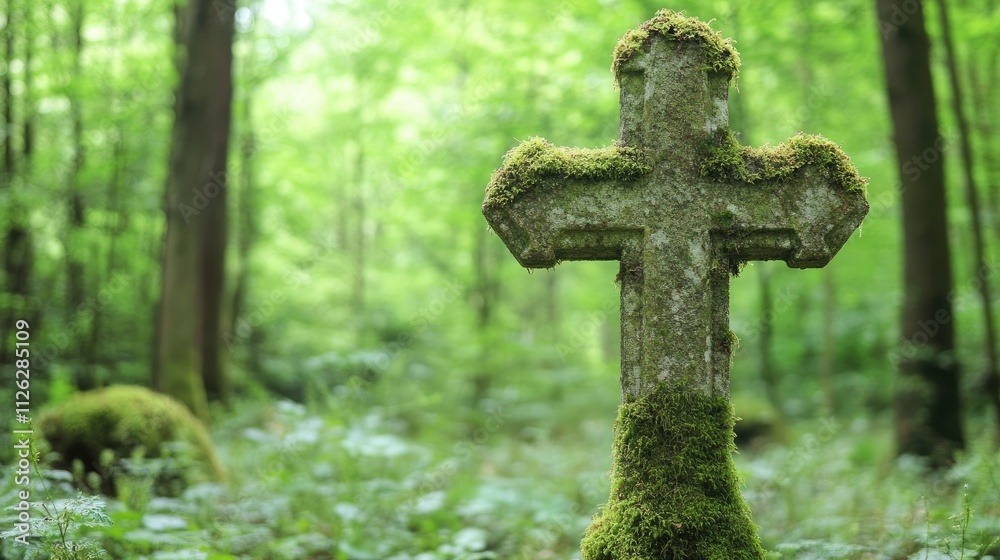 Weathered Stone Cross Covered in Moss in Lush Green Forest Weathered Stone Cross Covered in Moss in Lush Green Forest