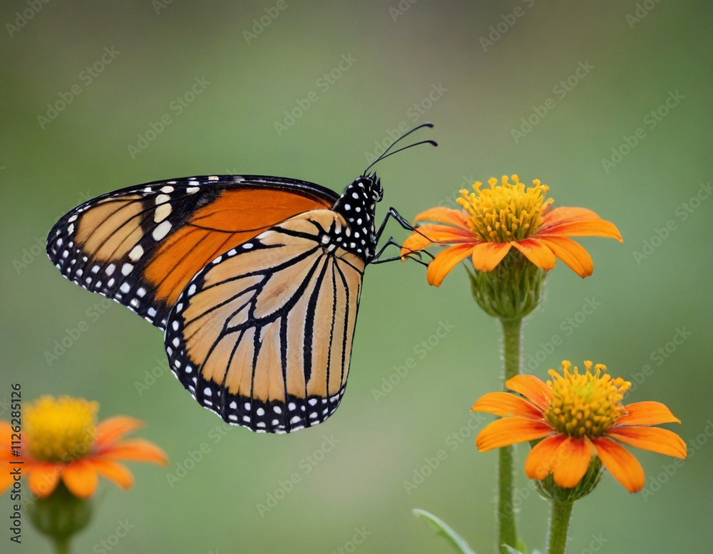 Fototapeta premium Monarch butterfly, vibrant orange wings, black veins, white spots, yellow flowers, green leaves, soft focus background, macro photography, detailed wings, nature close-up, delicate insect, pollinator,