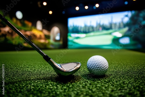 Golf Ball and Club on Artificial Turf with Blurred Golf Course Background - Professional Sports Concept Photography