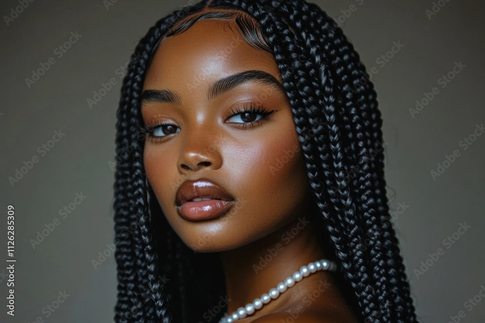 Portrait of young African-American woman with long braided hair in serious expression under soft natural lighting on neutral background. Portrait of young African-American woman with long braided hair in serious expression under soft natural lighting on neutral background.