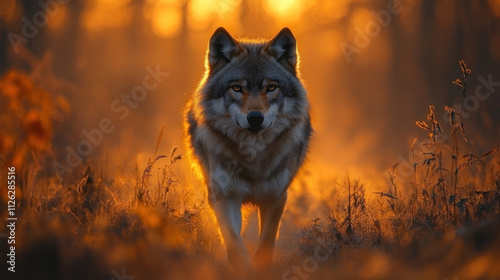 A wolf walking confidently through a misty forest at sunrise photo