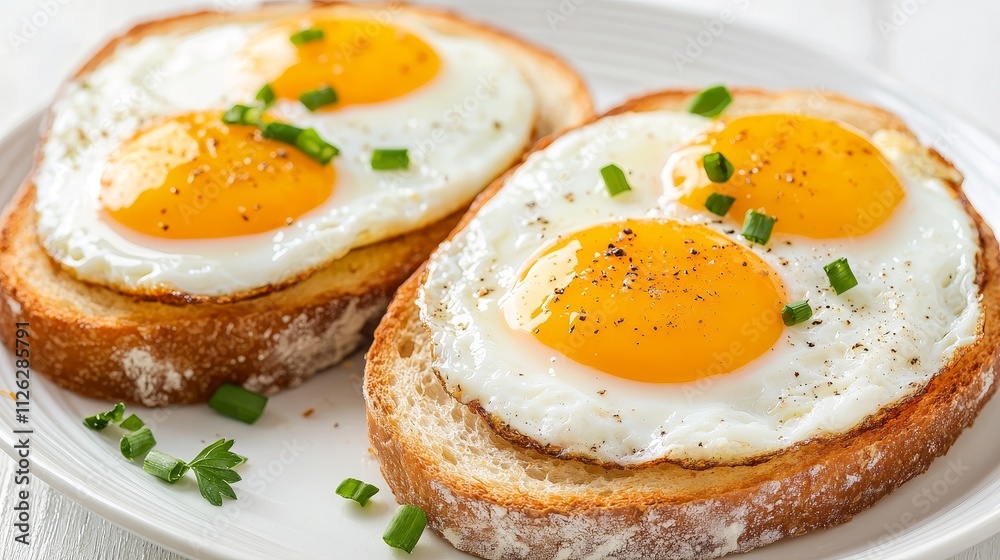 Close-up of fried eggs with crispy edges atop toasted sourdough, garnished with parsley and chives, high-quality breakfast detail Close-up of fried eggs with crispy edges atop toasted sourdough, garnished with parsley and chives, high-quality breakfast detail