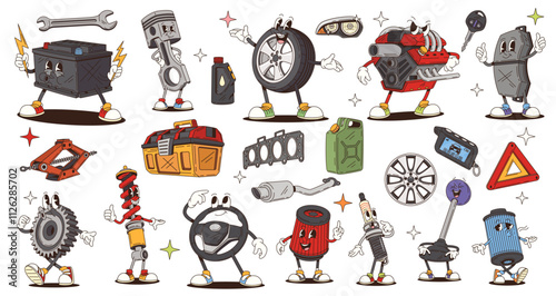 Retro cartoon groovy car spare part and tool characters, vector funky comic. Groovy funny car engine with cheerful face, silly gear with freaky smile and happy tire wheel with wrench emoji character