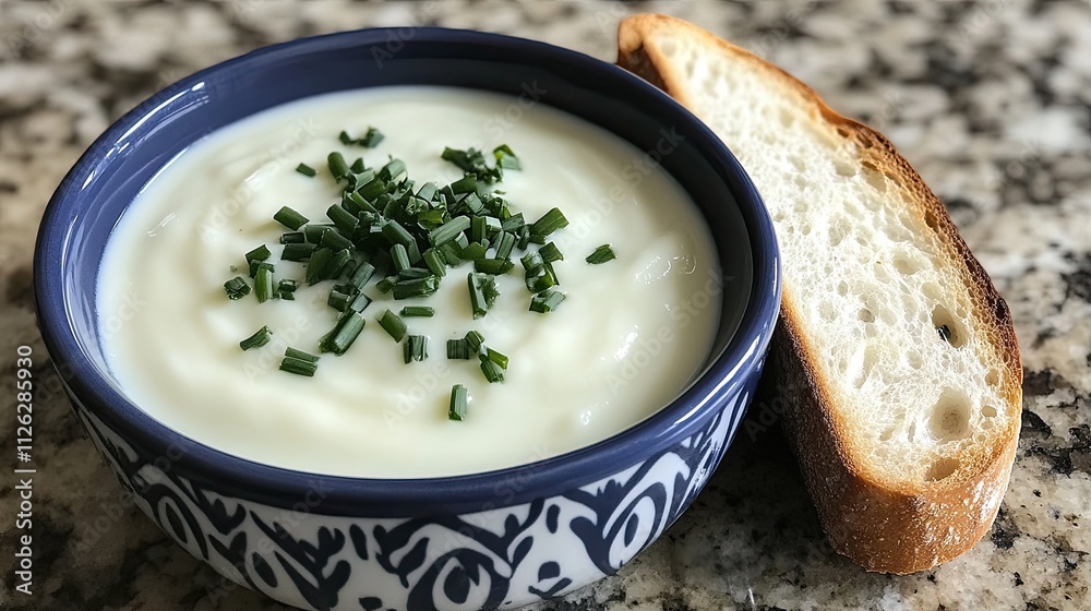 Creamy Soup with Chopped Chives and Fresh Bread Slice on Countertop Creamy Soup with Chopped Chives and Fresh Bread Slice on Countertop