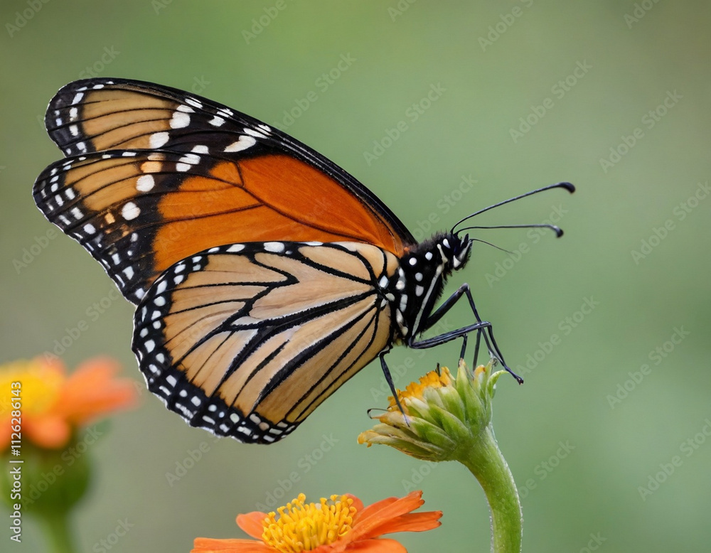 Monarch butterfly, vibrant orange wings, black veins, white spots, yellow flowers, green leaves, soft focus background, macro photography, detailed wings, nature close-up, delicate insect, pollinator, Monarch butterfly, vibrant orange wings, black veins, white spots, yellow flowers, green leaves, soft focus background, macro photography, detailed wings, nature close-up, delicate insect, pollinator,
