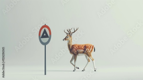 Minimalist 3D Deer Walking by a Sign photo