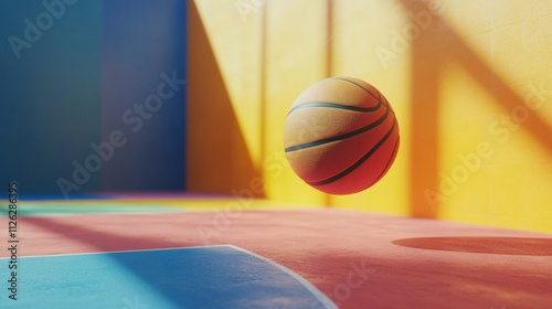A basketball is captured mid-flight above a colorful court, showcasing its dynamic movement against the bright backdrop. Generative AI